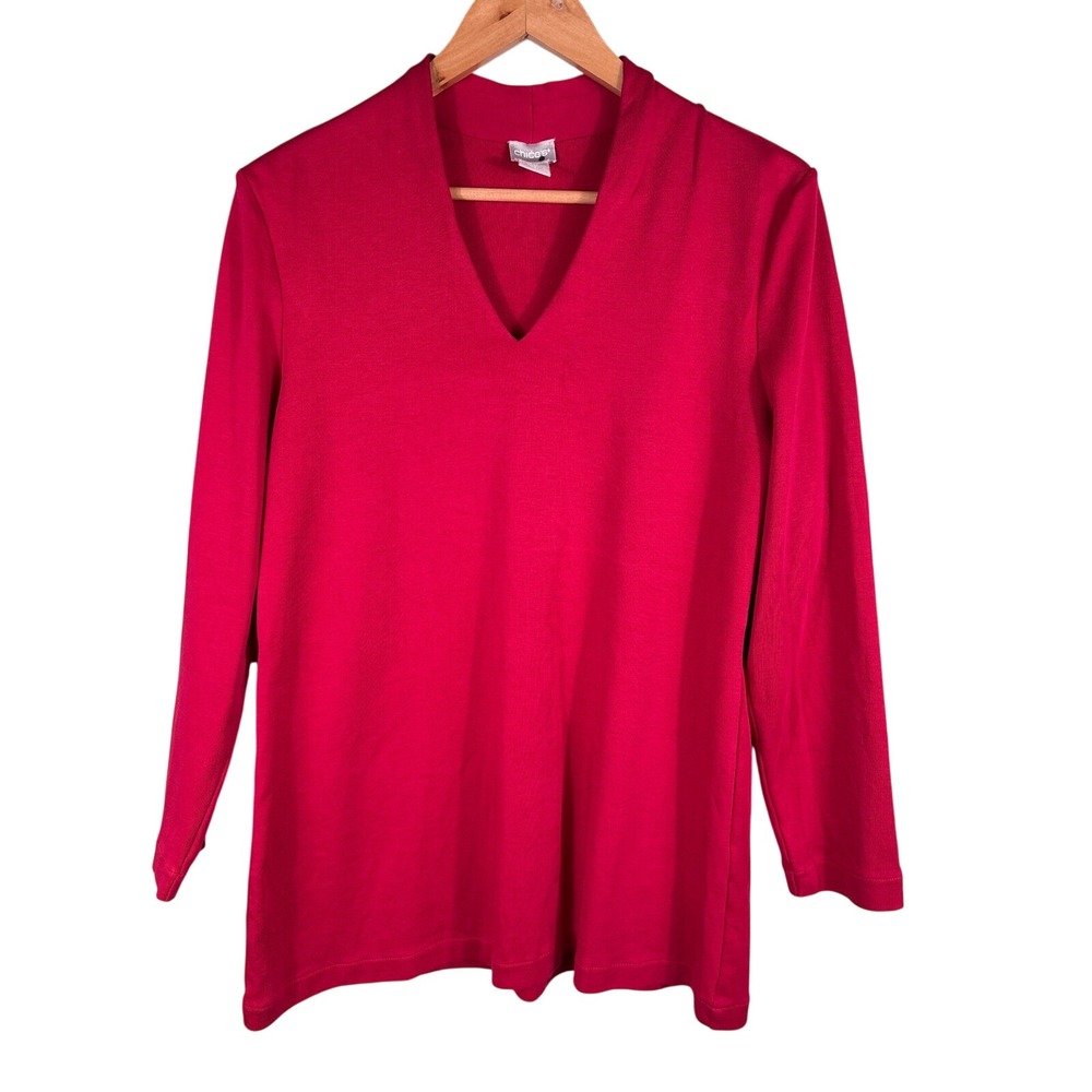Chico's Women's Size 0 Small Red V-Neck Red Pima Cotton Long Sleeve Blouse Tops